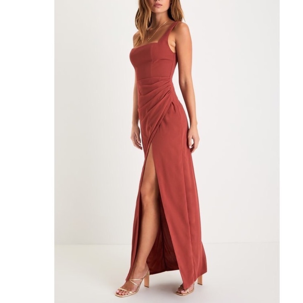 NWT Lulus Glamorous Disposition Rust Ruched Maxi Dress XL